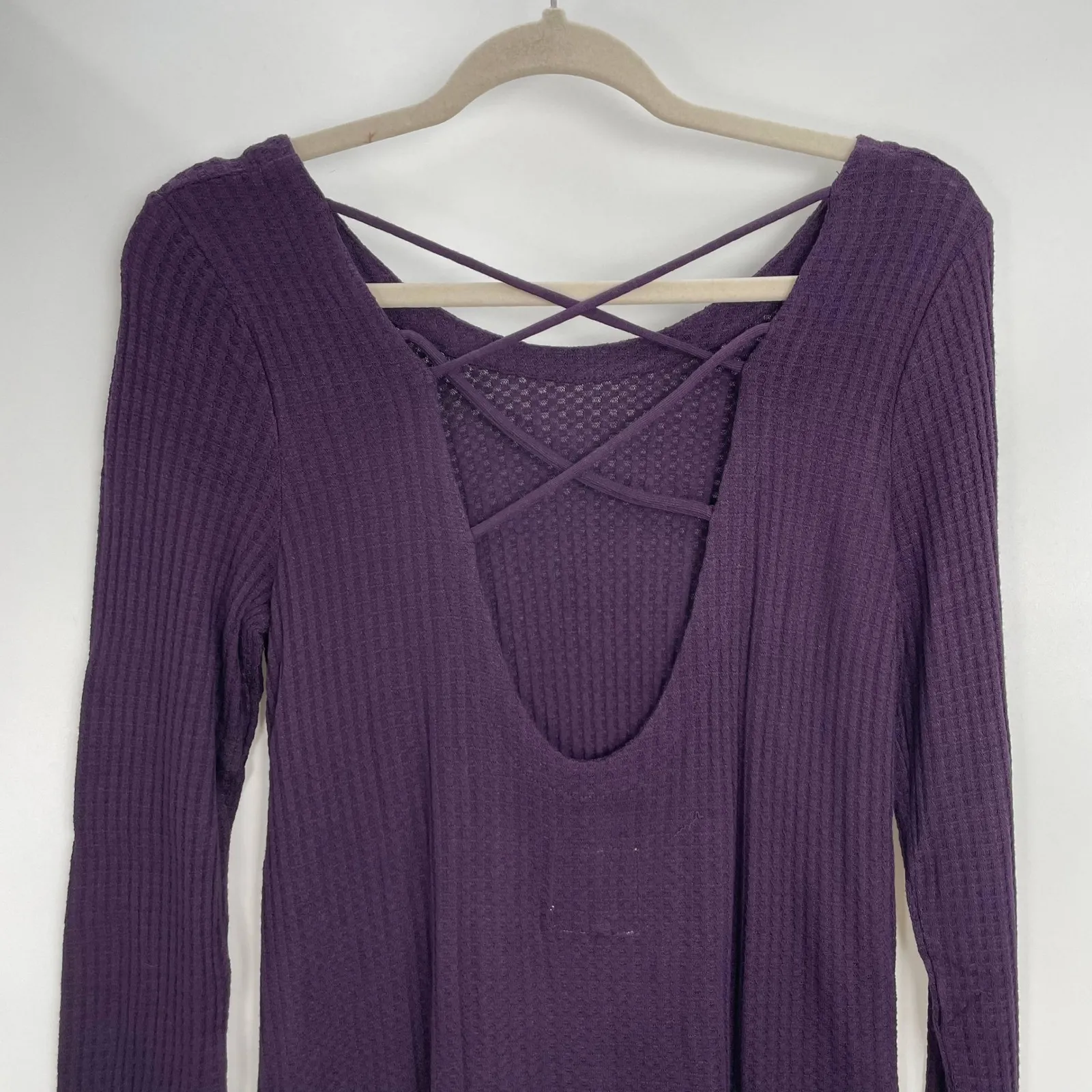 Chaser Purple Raisin Waffle Knit Long Sleeve Criss Cross‎ Back Blouse Top Size M - Image 8