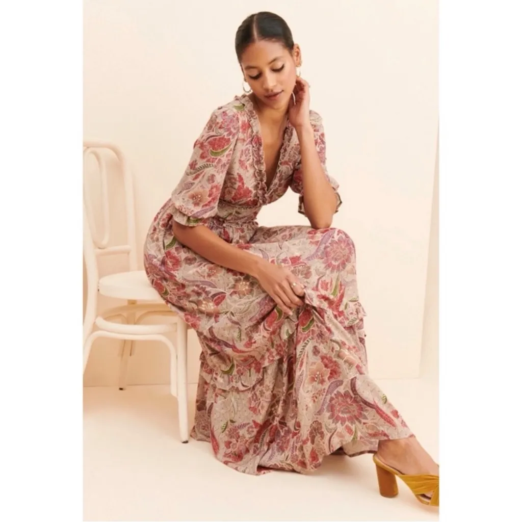 Anthropologie  BTFL-Life Ruffled Floral Maxi Dress Size Large Bohemian Neutral - Image 9