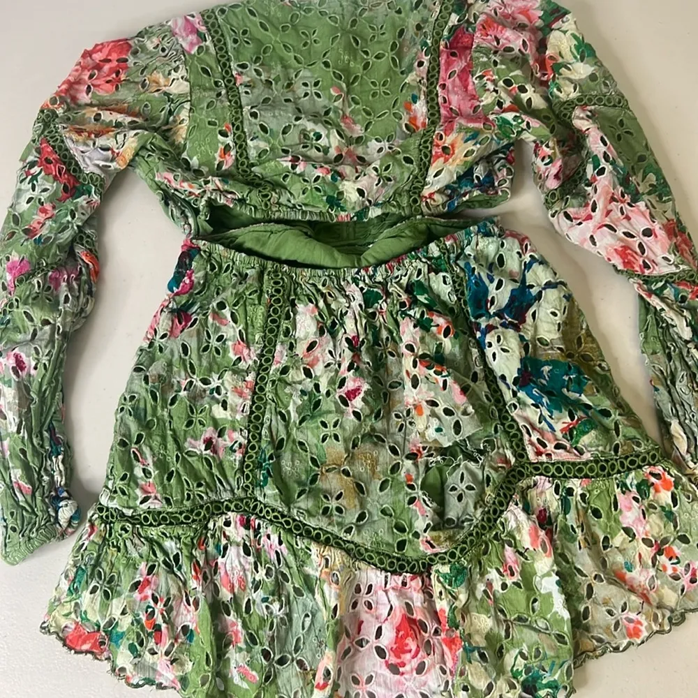 RTR SZ S 4 Hemant & Nandita short green eyelet crochet cutout dress floral mini Orange - Image 6