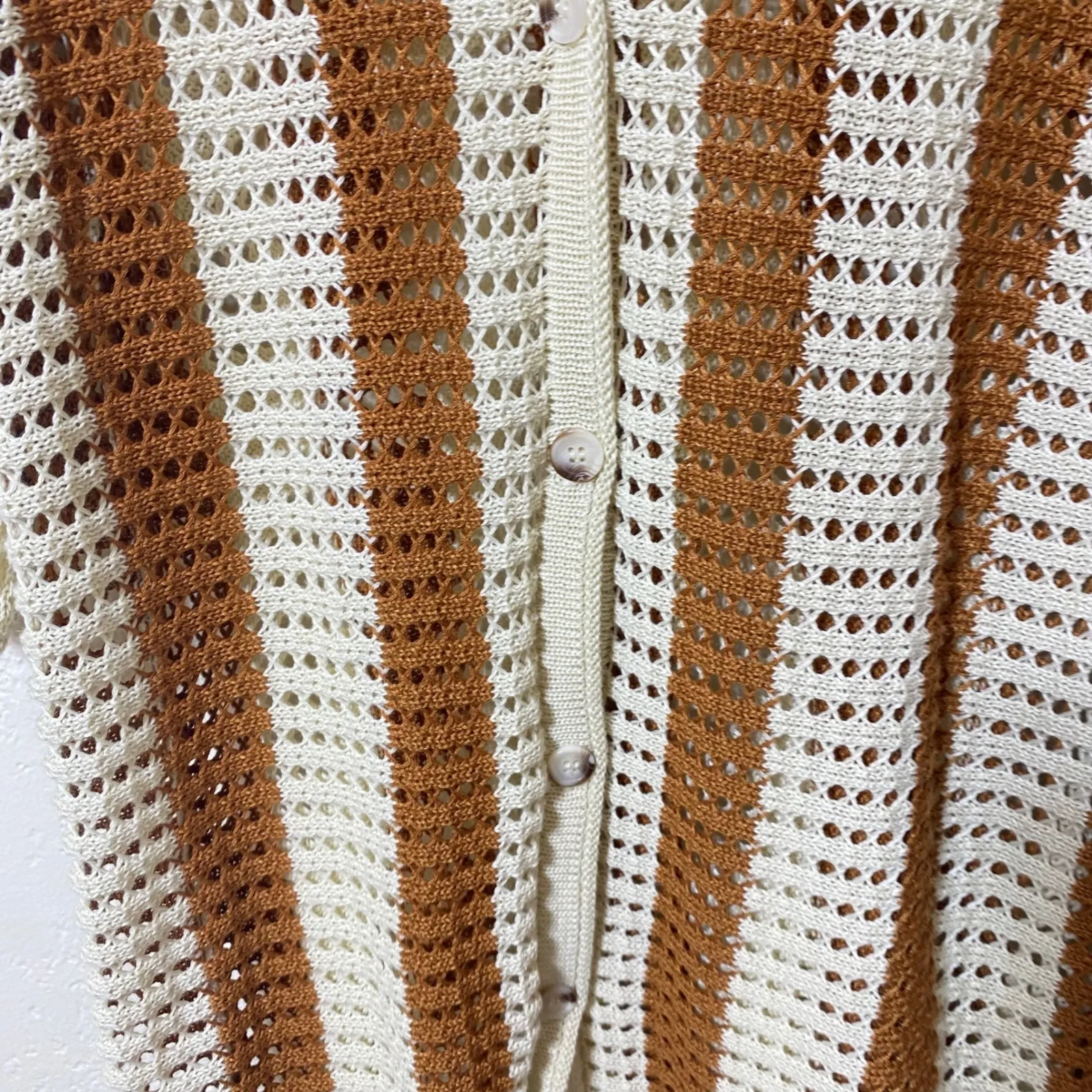 SOLITAIRE Striped Crochet Knit Open Front Collared Cardigan Sweater Top L - Image 3