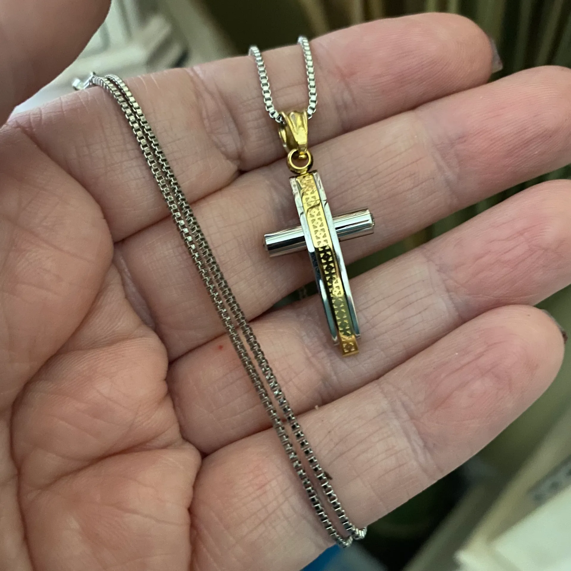 Stainless Steel Two Tone Gold & Silver CZ Cross Necklace - Image 7