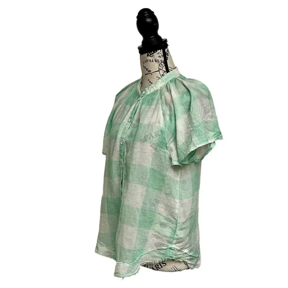 Anthropologie Maeve Mint Gingham Flutter Sleeve Top Women’s S Semi Sheer Peasant Green - Image 3