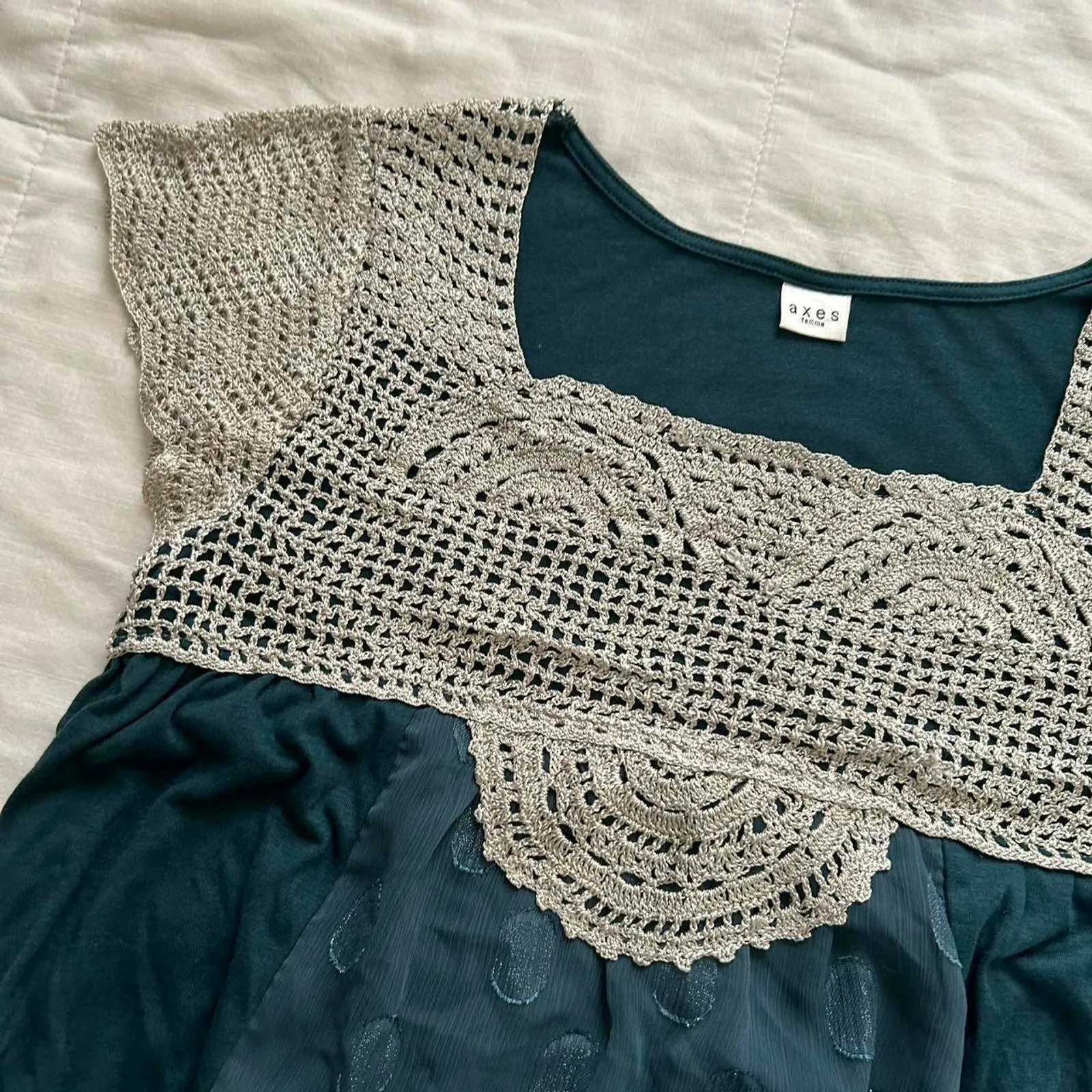 Axes Femme dark Green jacquard polka dot and cream crochet bib peasant top Size M - Image 2