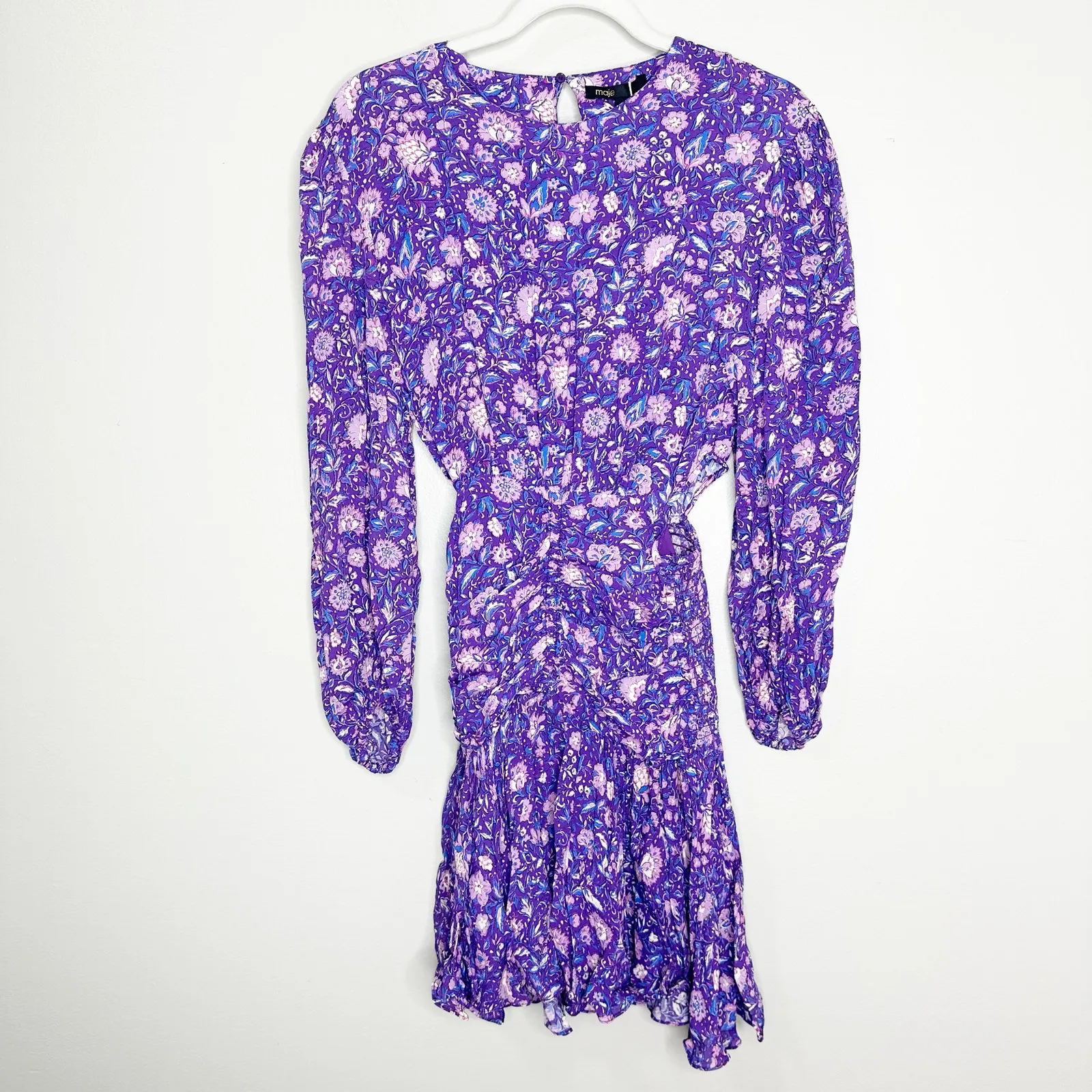 Maje Roleta Purple Floral Cut Out Balloon Sleeve Mini Dress EU 36 US S NEW - Image 2