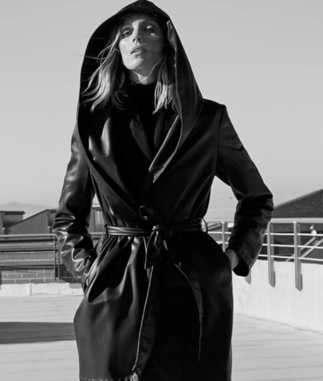 NWT  Belted Faux Leather Hooded Black Coat - Image 5