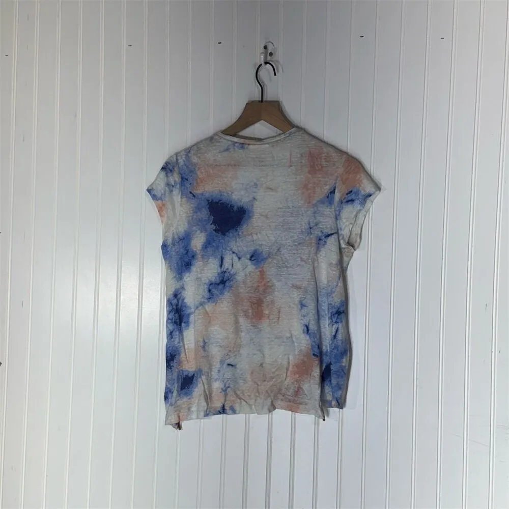 Cynthia Rowley Linen Tie-Dye T-Shirt Top M | Boho Festival V-Neck Cap Sleeve - Image 2