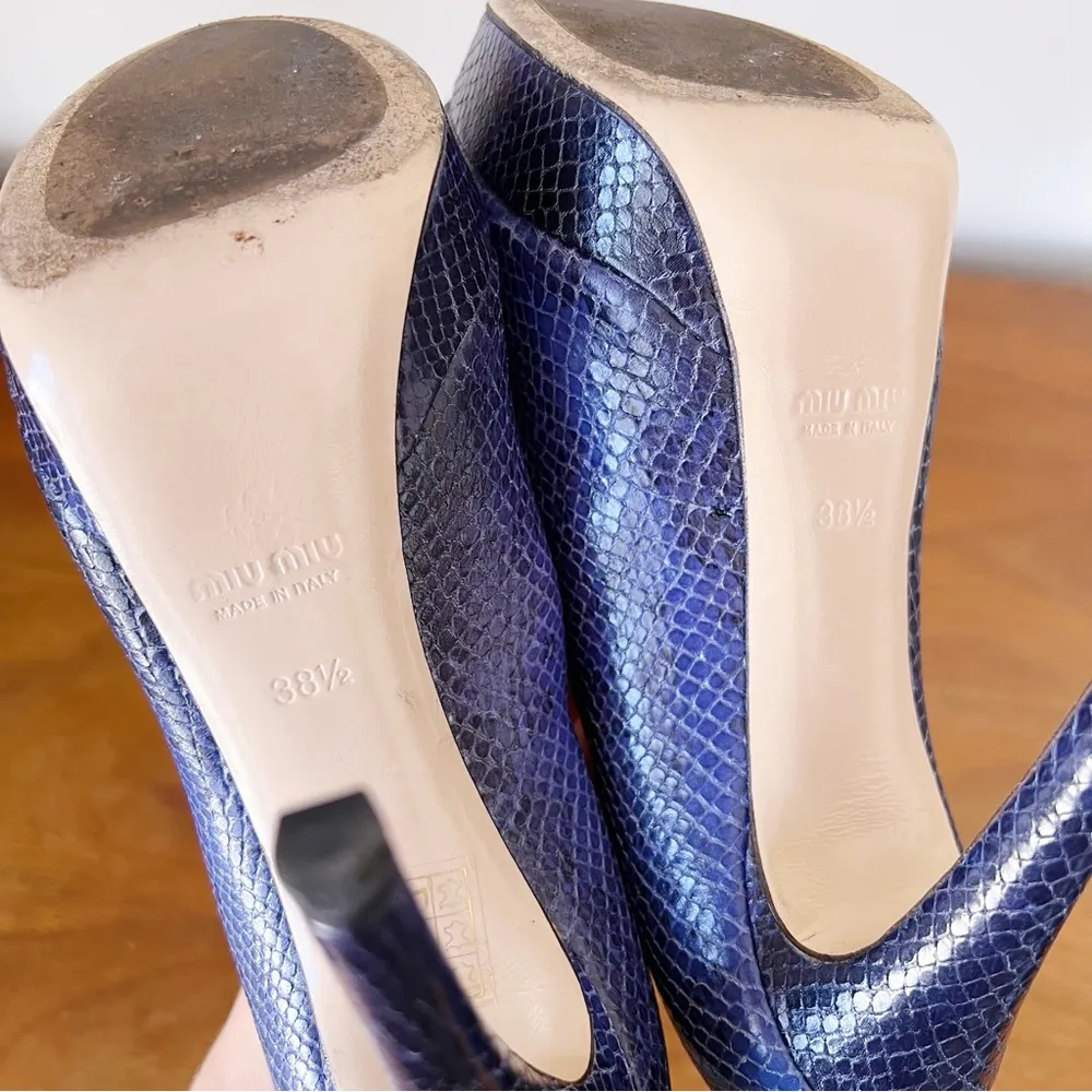 Miu Miu • blue python snakeskin pumps peep toe heels leather platform stiletto - Image 10