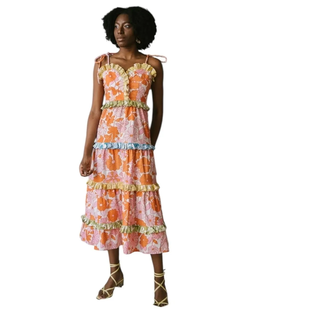 CELIA B bloom Dalia floral Maxi Dress Ruffle Tiered Tie Straps size Small Orange - Image 2