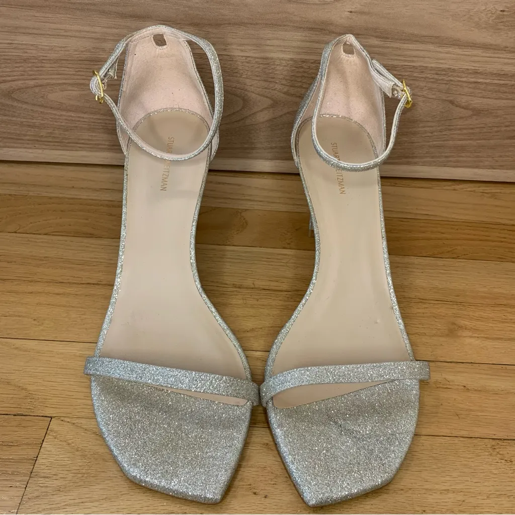 Stuart Weitzman Champagne Glitter Ankle Strap Heeled Sandals - Size 12 - Image 3