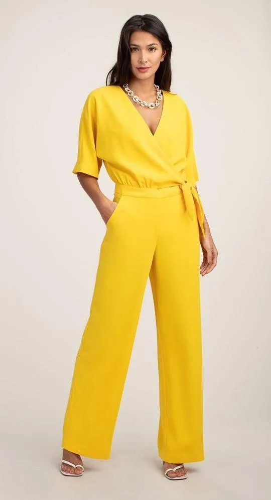 Trina Turk Kai Yellow Crepe Jumpsuit Three Quarter Sleeve Wide Leg size 6 - Image 2