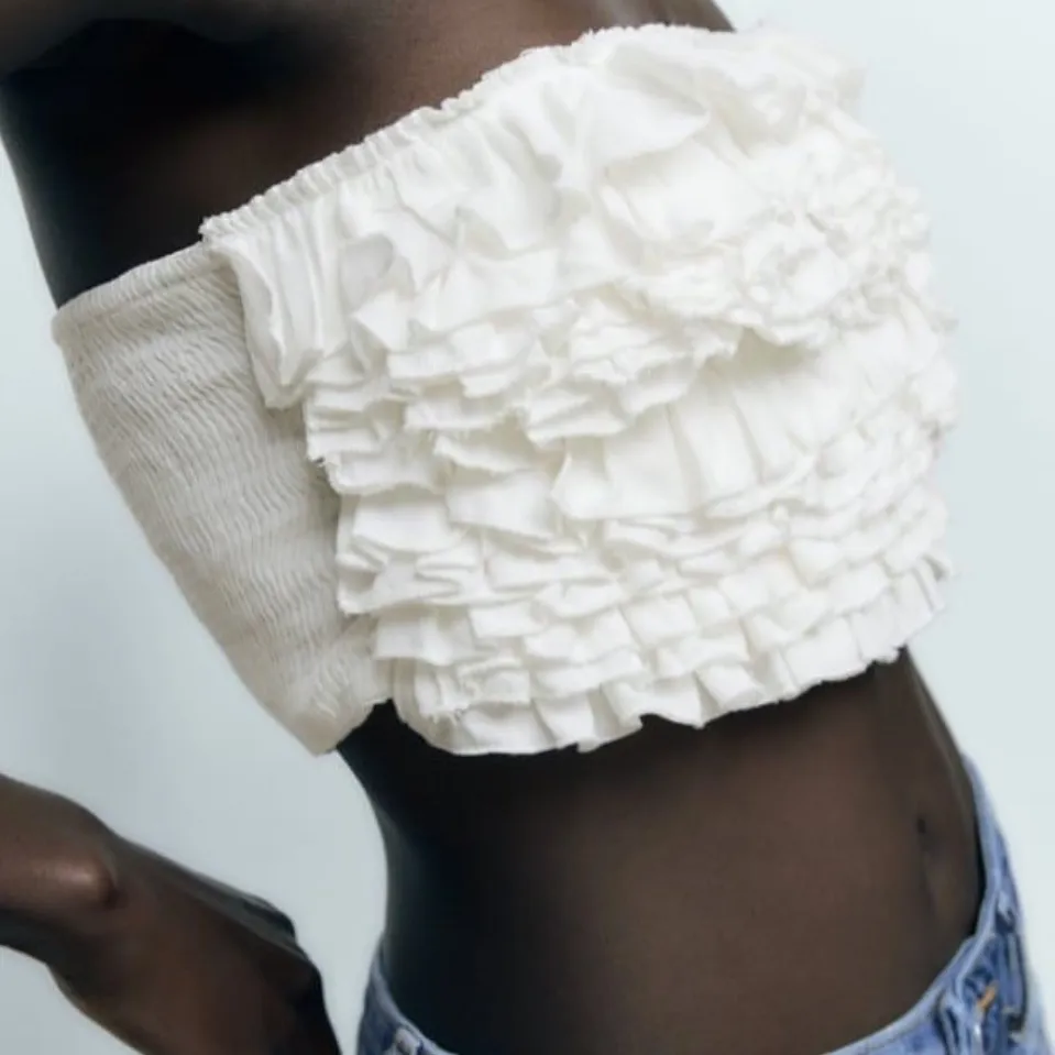 Zara White Ruffle Bandeau Tube Top XS Strapless Cropped Boho Festival - Image 2