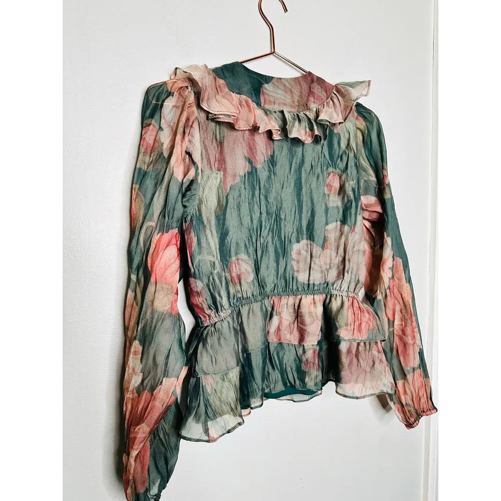HUTCH Green Floral Chiffon Long Sleeves V-Neck Ruffle Trimmed Sema Top Size S - Image 9