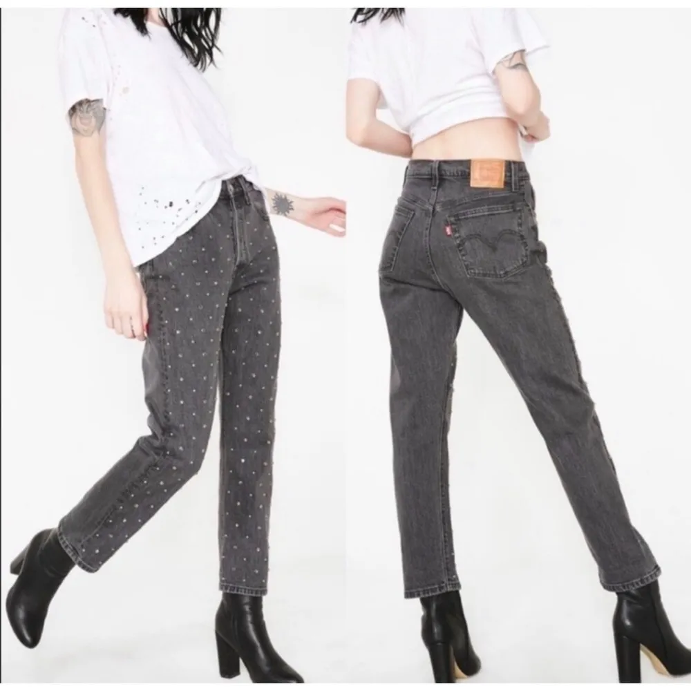 Levi's Premium 501 Original Cropped Jeans Studded Embellished Black Wash Size 25 - Image 4
