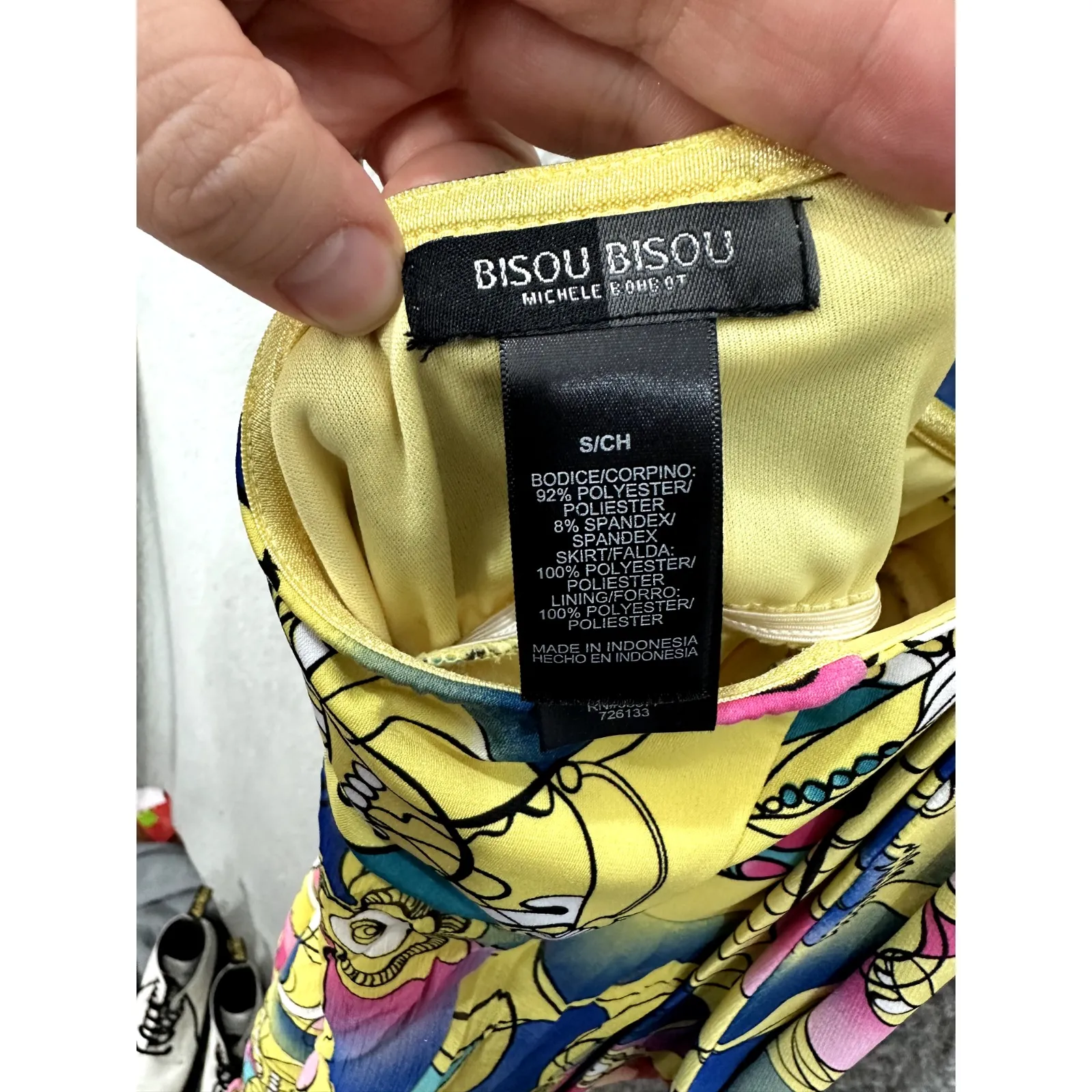 Bisou Bisou Halter Mini Dress S Yellow Pink Blue Floral Retro Mod Y2K Festival - Image 4