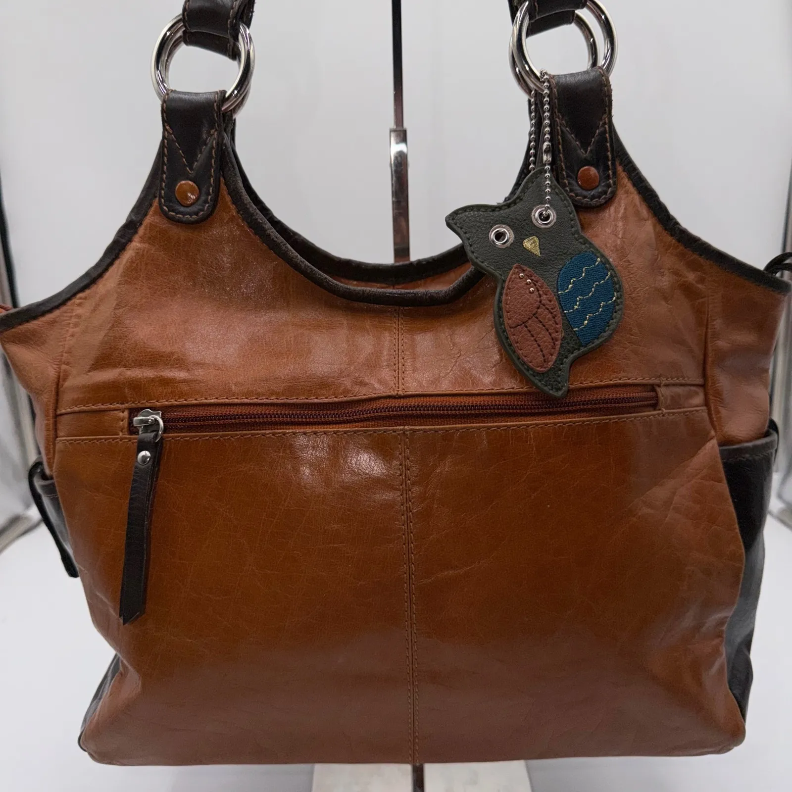 Nino Rossi Brown Leather Hobo Shoulder Bag Owl Charm Zip Pockets - Image 2