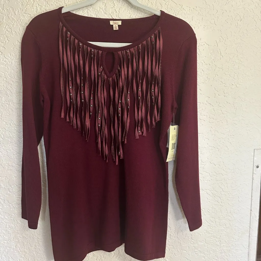 Reba Holiday Gems Merlot Sweater Small Tassel Keyhole‎ Front Studded NWT - Image 2