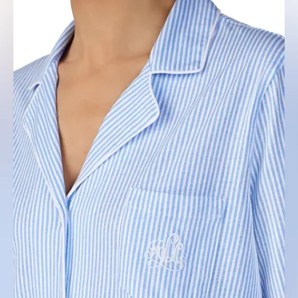 Lauren Ralph Lauren Bingham Knit Monogram Jersey Cropped Blue Striped Pajama Set - Image 3