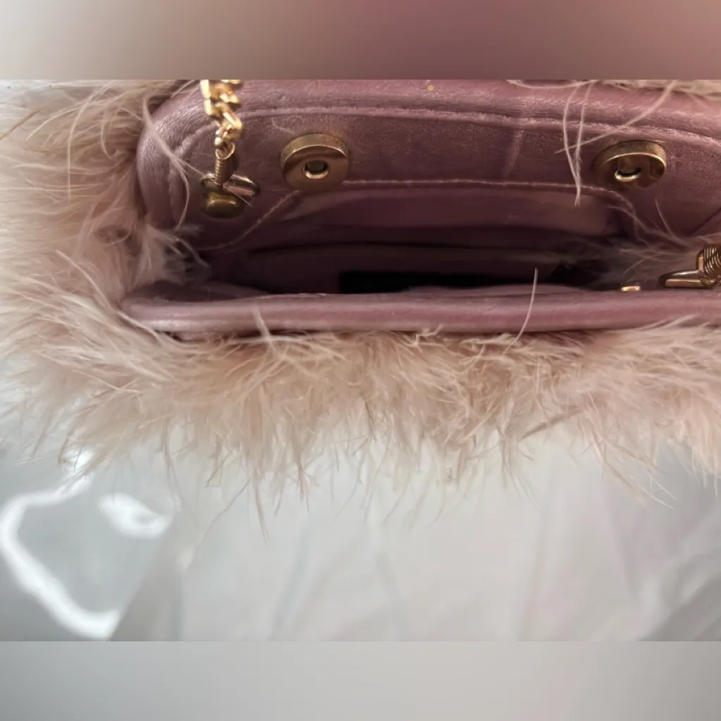 PrettyLittleThing Small Fluffy Marabou Feather Mauve Pink Gold Chain Bag - Image 3