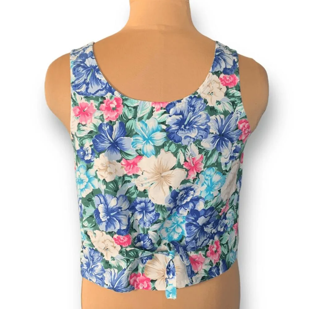 Women’s Vintage Royal Creations Tank Cropped Blue Pink Tropical Flower Scoopneck Size XL - Image 5