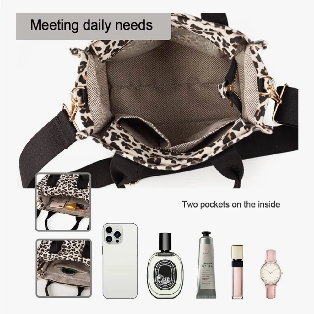 Leopard Print Tote Bag with Black Accents Brown - Image 3