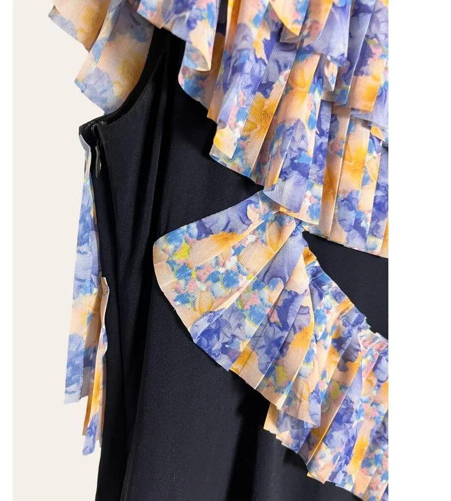 HAGAHI Navy Blue Pleated Floral Print Short Sleeve Asymmetrical Dress Size 6 - Image 4