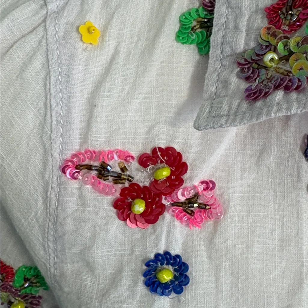 ANTHROPOLOGIE Maeve purple sequin flowers button down long sleeve top 6 - Image 3