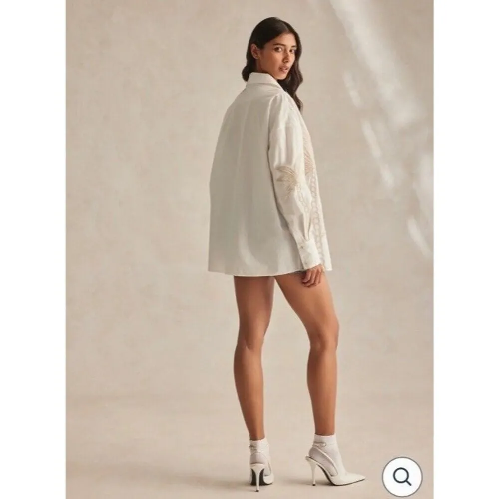 Hemant and Nandita Ari Button Up Shirt Off White Palm Embroidered Long Sleeve XS - Image 3