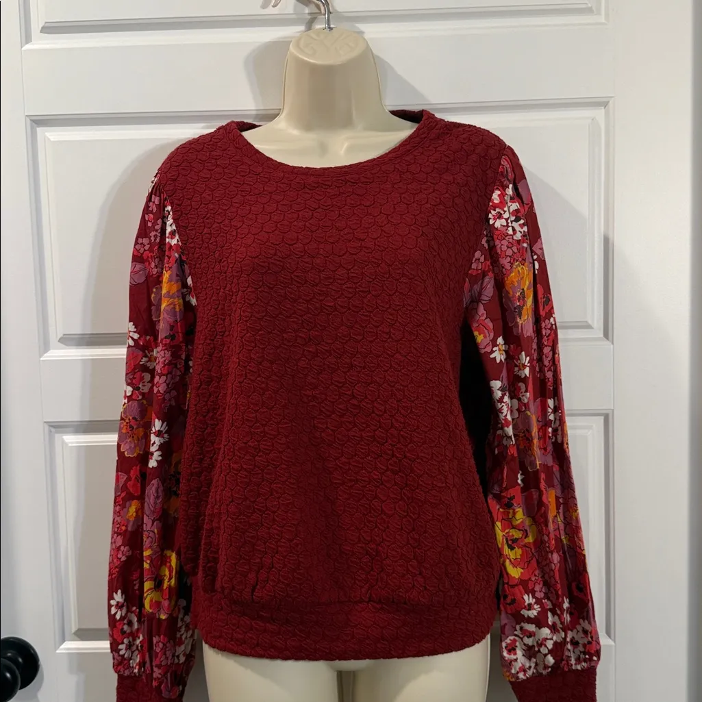 Anthropologie Porridge Floral Puff Sleeve Textured Top Burgundy MEDIUM - Image 3