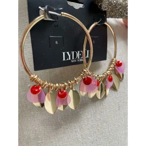 NWT LYDELL New York Hoop Earrings w/ Pink & Gold Feather/Leaf Charms‎ - Image 2