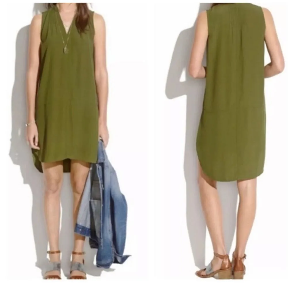 Madewell Women's Sleeveless V Neck High Low Fairsky‎ Tunic Dress Olive Green XS - Image 2