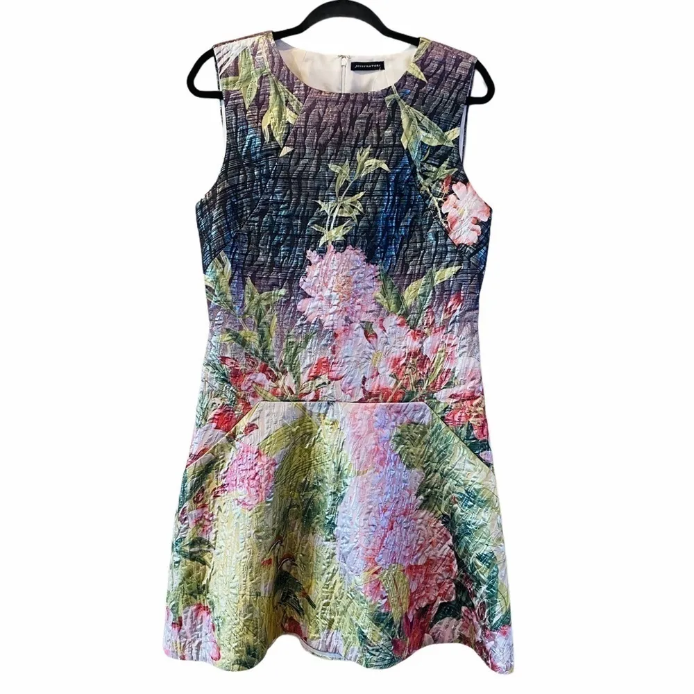 NATORI Birds Of Paradise Jacquard Shimmer Metallic Drop Waist Dress Size 10 NEW - Image 8