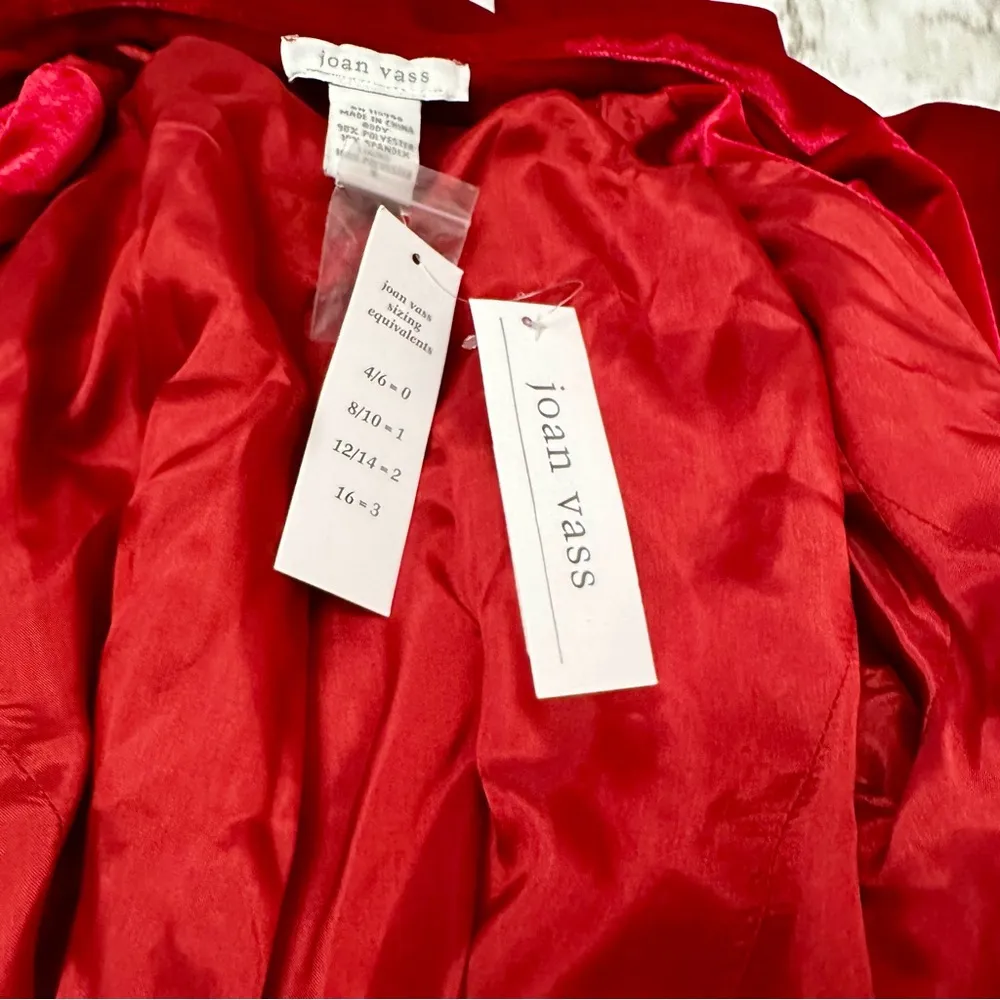 Joan Vass Women Sz 0 Red Velvet Two Button Blazer Holiday Evening Wear Luxury - Image 9