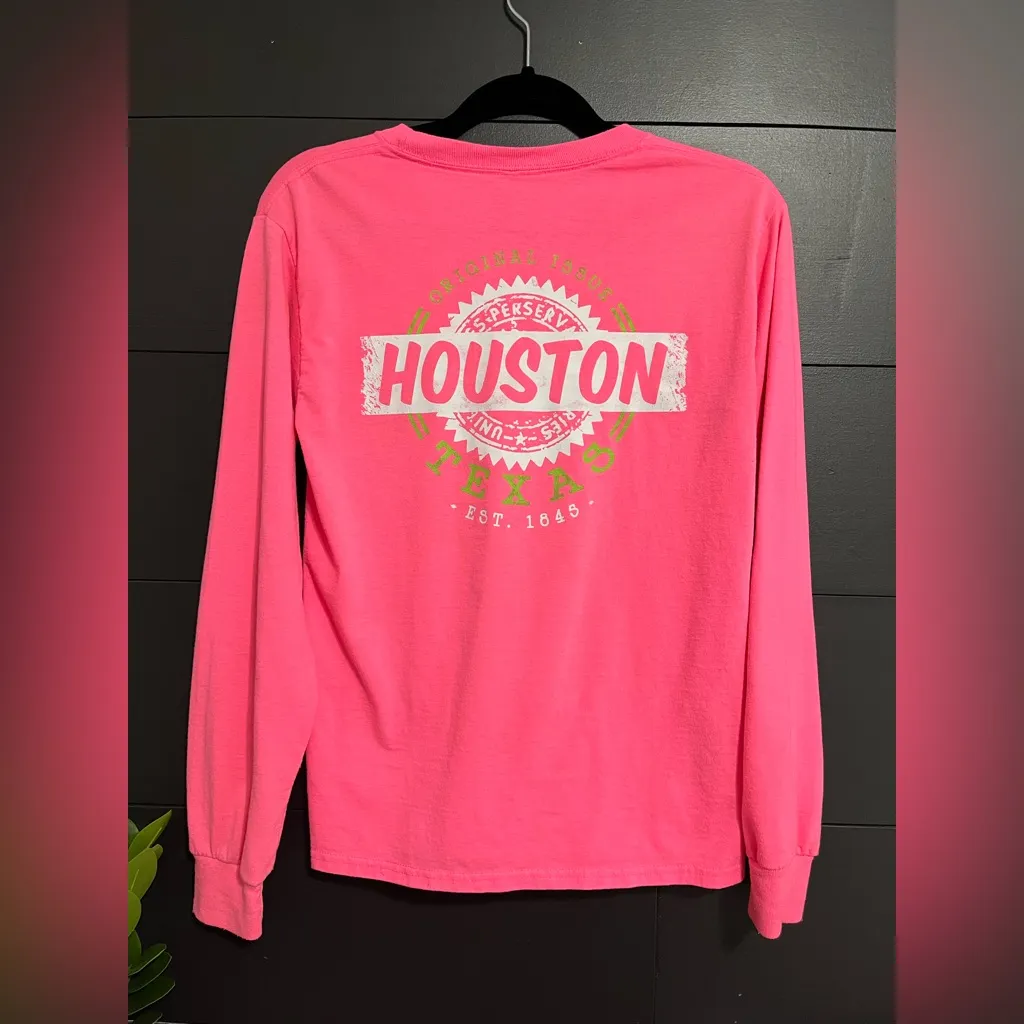 HOUSTON TX Neon Pink Long Sleeve Graphic Tee Unisex T - Image 3
