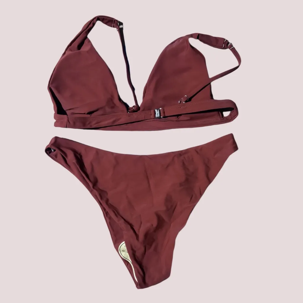 NWT Rust Deep V Neck Thong Halter Cheeky Bikini - Image 6