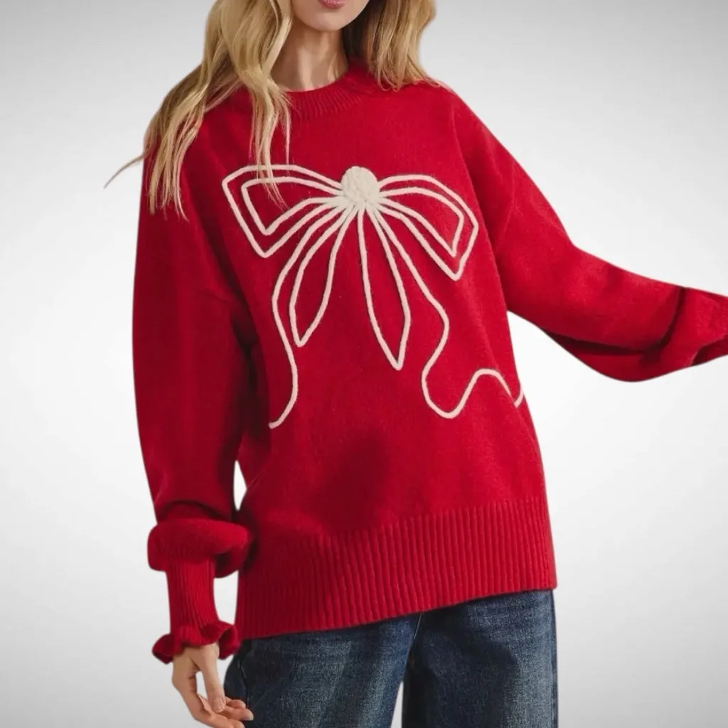 Sage + Fig The Big Bow Holiday Sweater in Cherry Red Size M Size M - Image 3