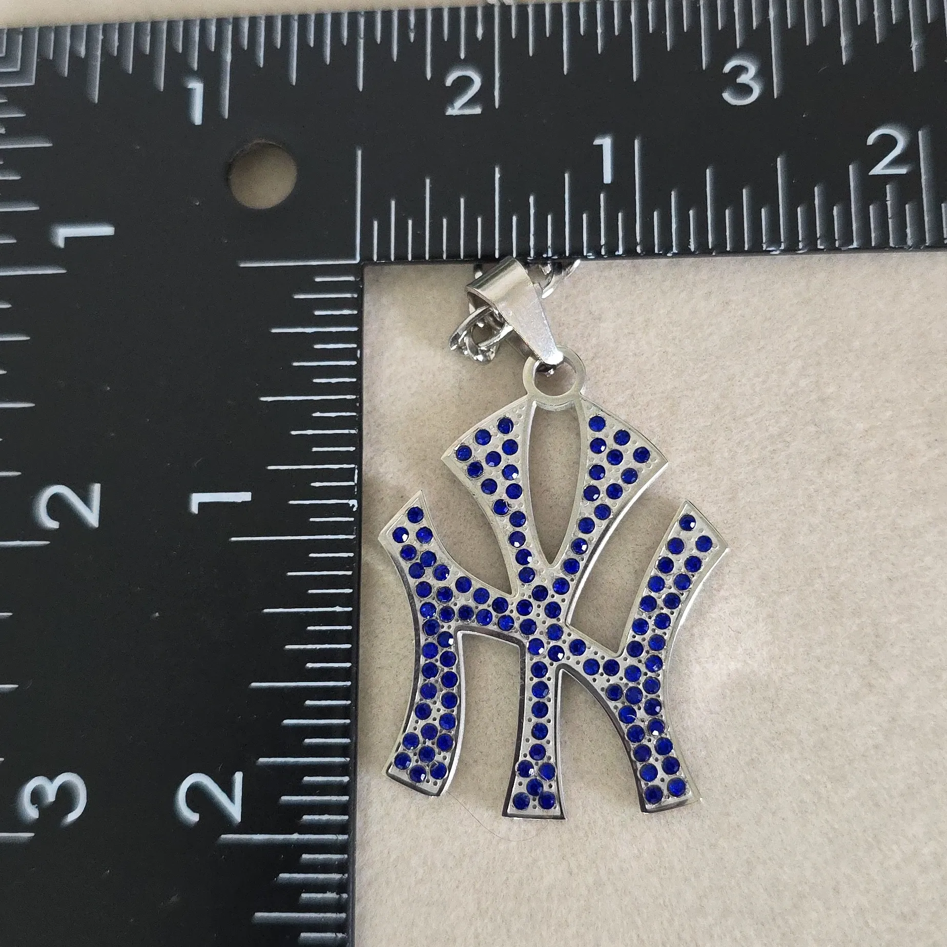 Silver Stainless Steel Figaro Chain Necklace and New York Yankees Blue Pendant - Image 6