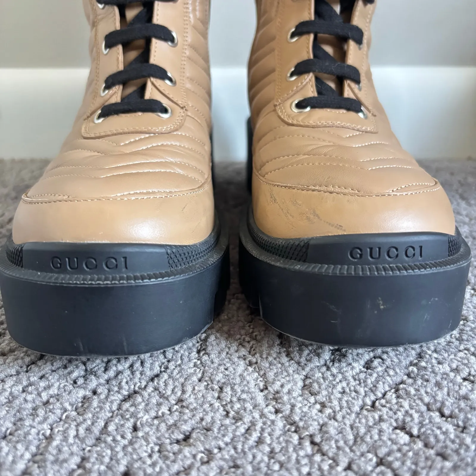 Gucci Frances GG Combat Boots Lug Sole Matelasse Quilted Leather Tan Size EU 37 - Image 6