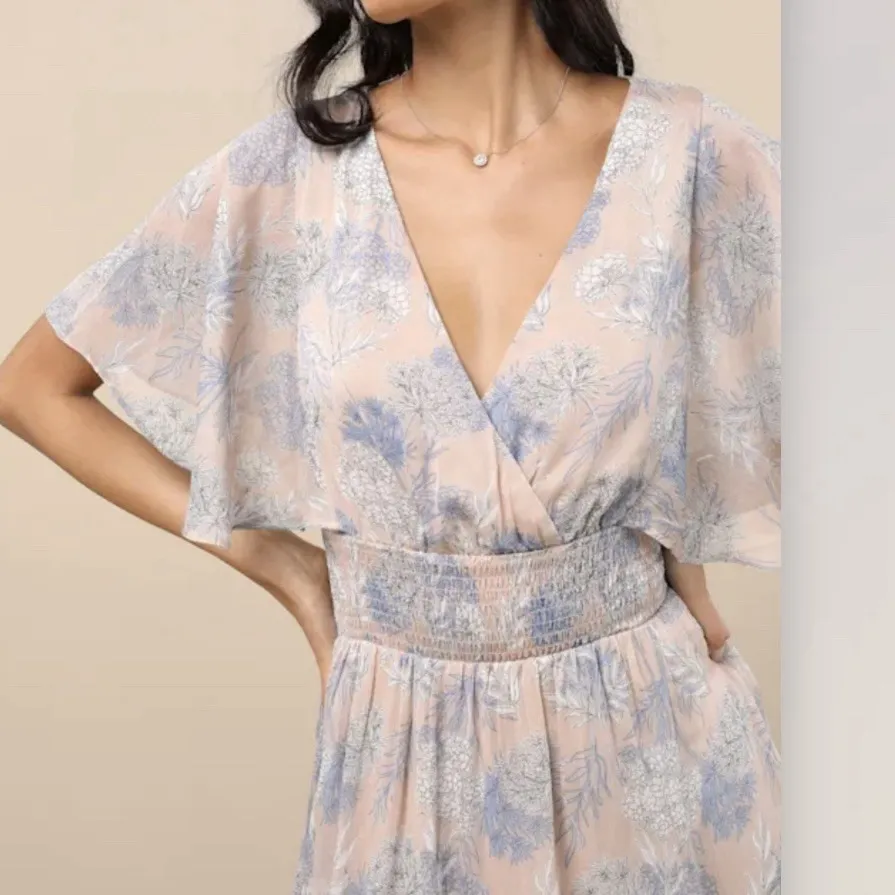 Lulus Subtle Romance Beige Blue Floral Ruffle Flutter Sleeve Midi Dress Size XL - Image 2