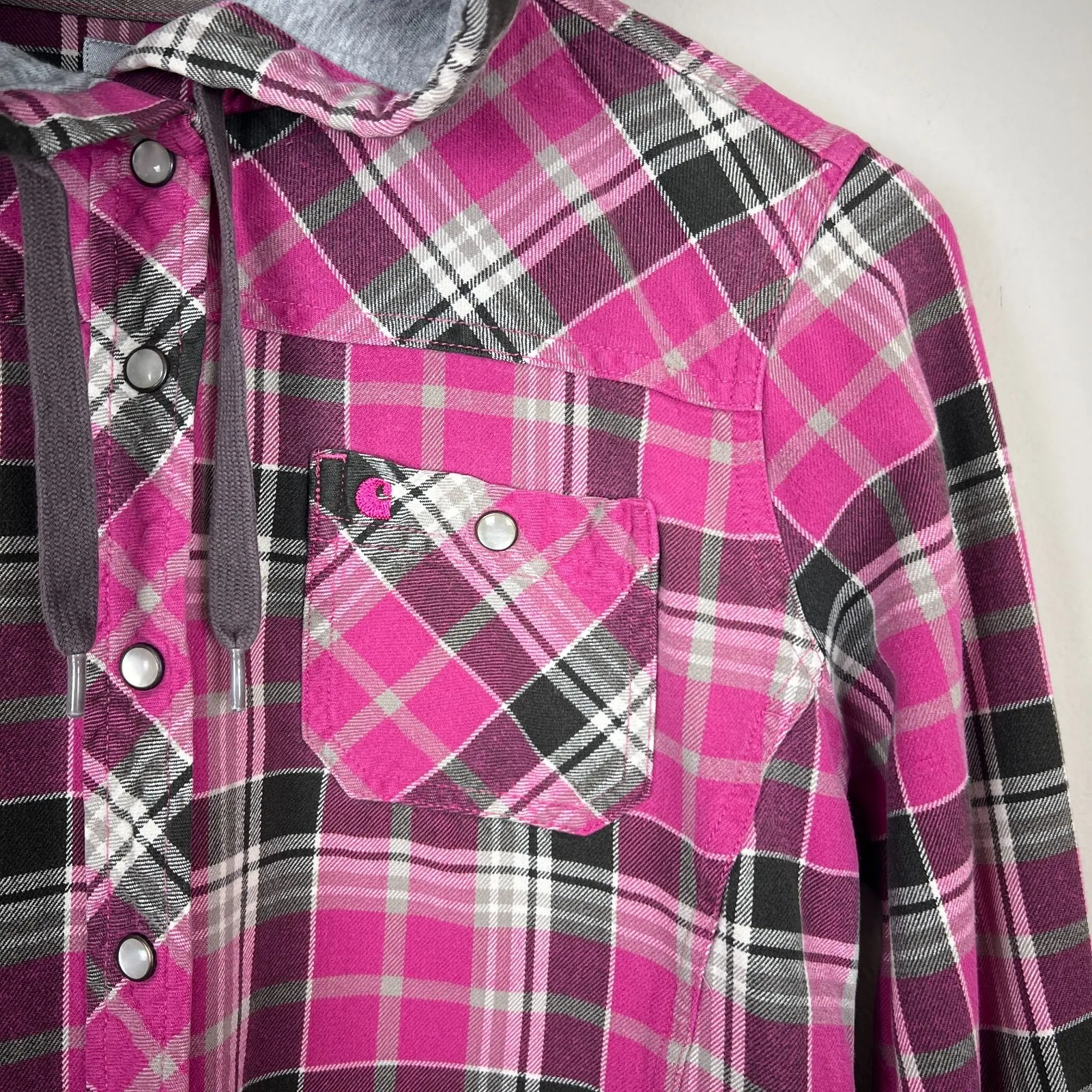 Carhartt Flannel Shirt Womens Small Pink Plaid Hooded Pearl Snap Rugged Shacket - Image 4