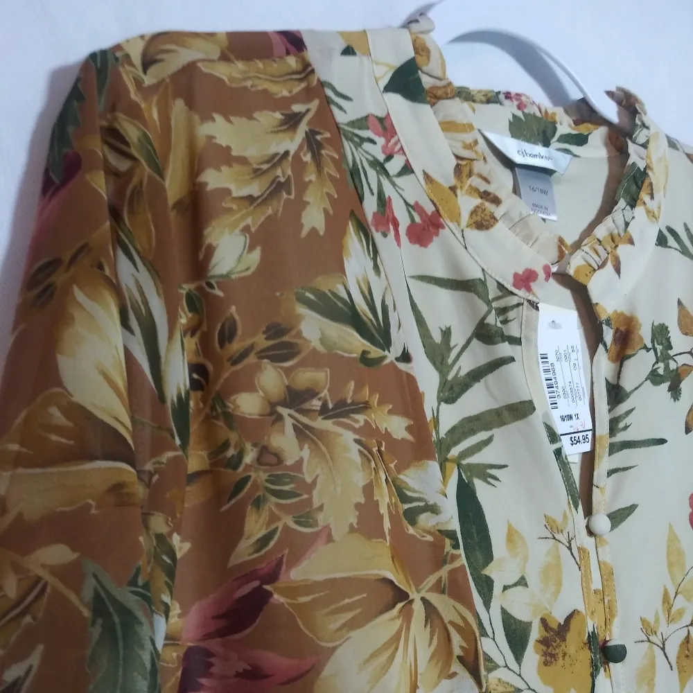Christopher Banks Neutral Floral Peasant Button Up Blouse Top Size 16/18 Orange - Image 3