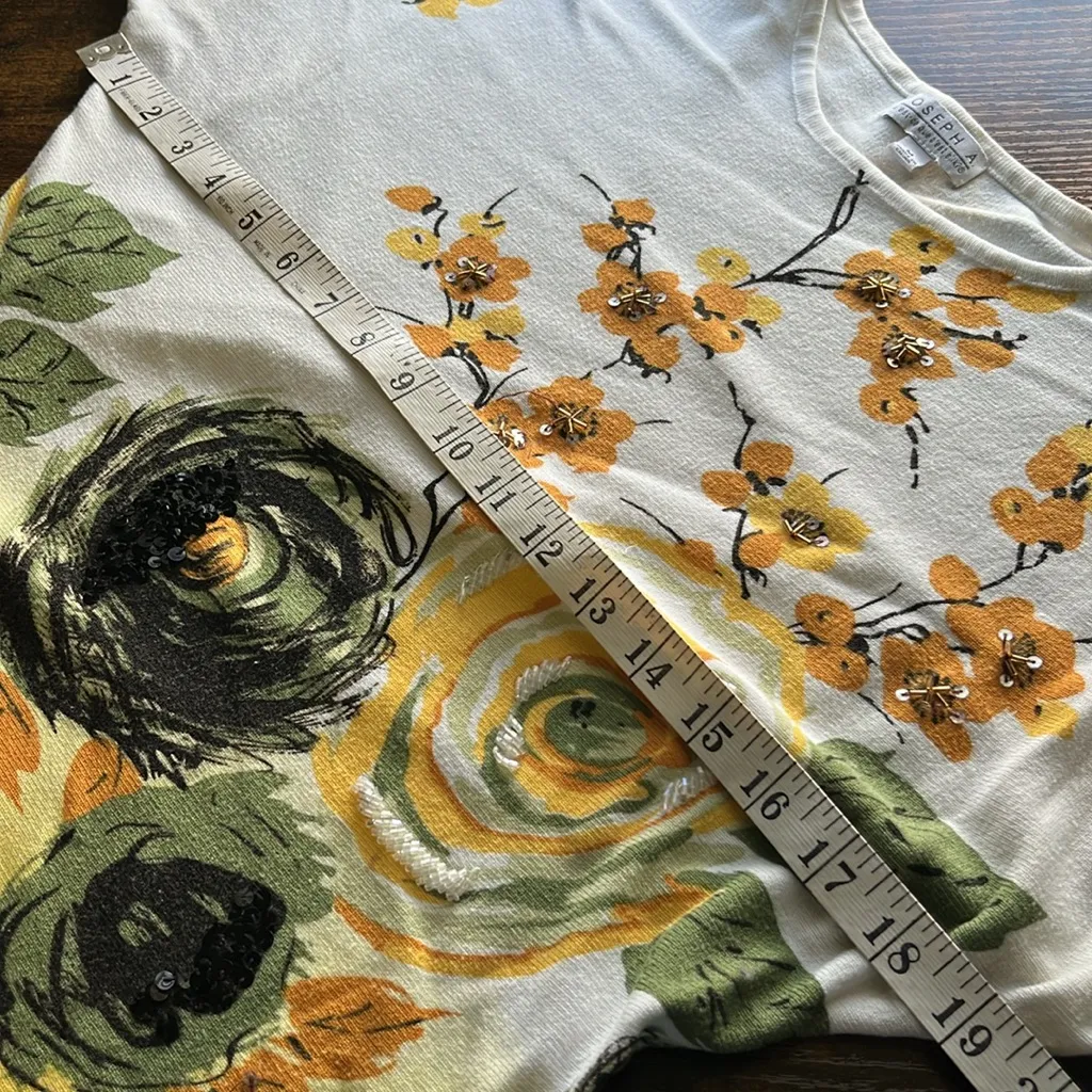 Vintage 80s Sequin Floral Sweater Mustard Yellow Green - Image 5