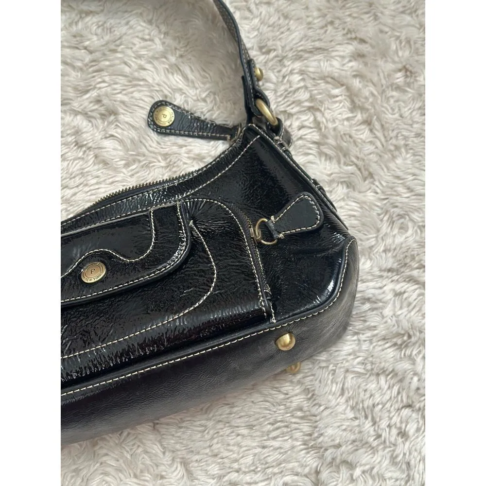Vintage Perlina Patent Leather Purse Shoulder Bag Black Pockets Shiny Zip Casual - Image 4