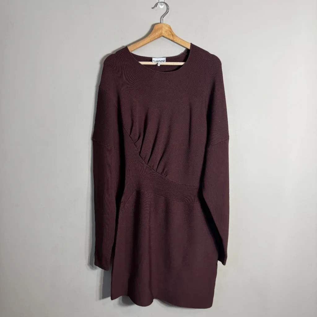 GANNI Rib Knit Asymmetrical Mini Dress Women's XL Burgundy Ruched Designer NWOT - Image 6