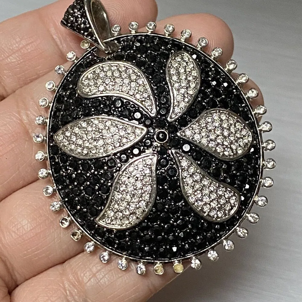 Large Black Clear Rhinestone Flower Pendant Boho Heavy Academia Bling Aesthetic - Image 8