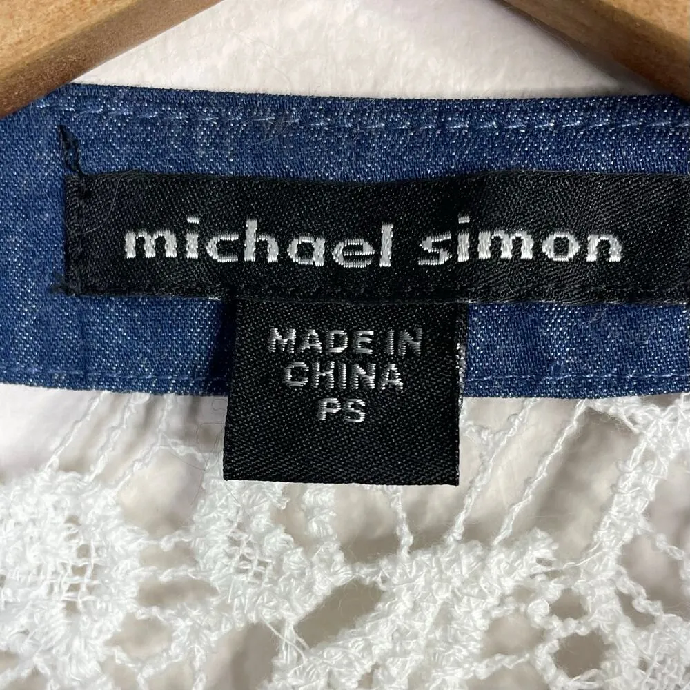Michael Simon White Cotton Crochet Lace Denim Trim Tailored Jacket Top PS P S - Image 10