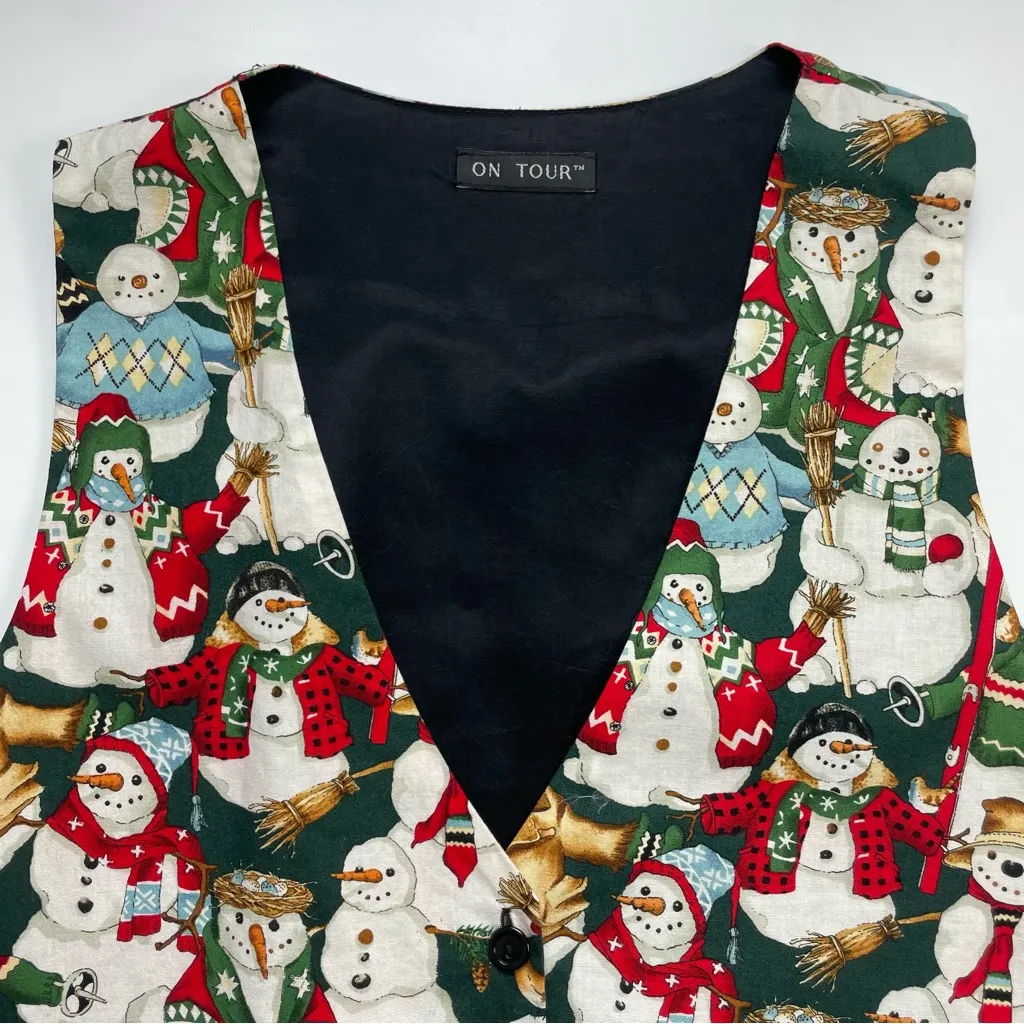 Vintage 90s Holiday Vest Winter Christmas‎ Snowman Women Cotton Print Green Size M - Image 4