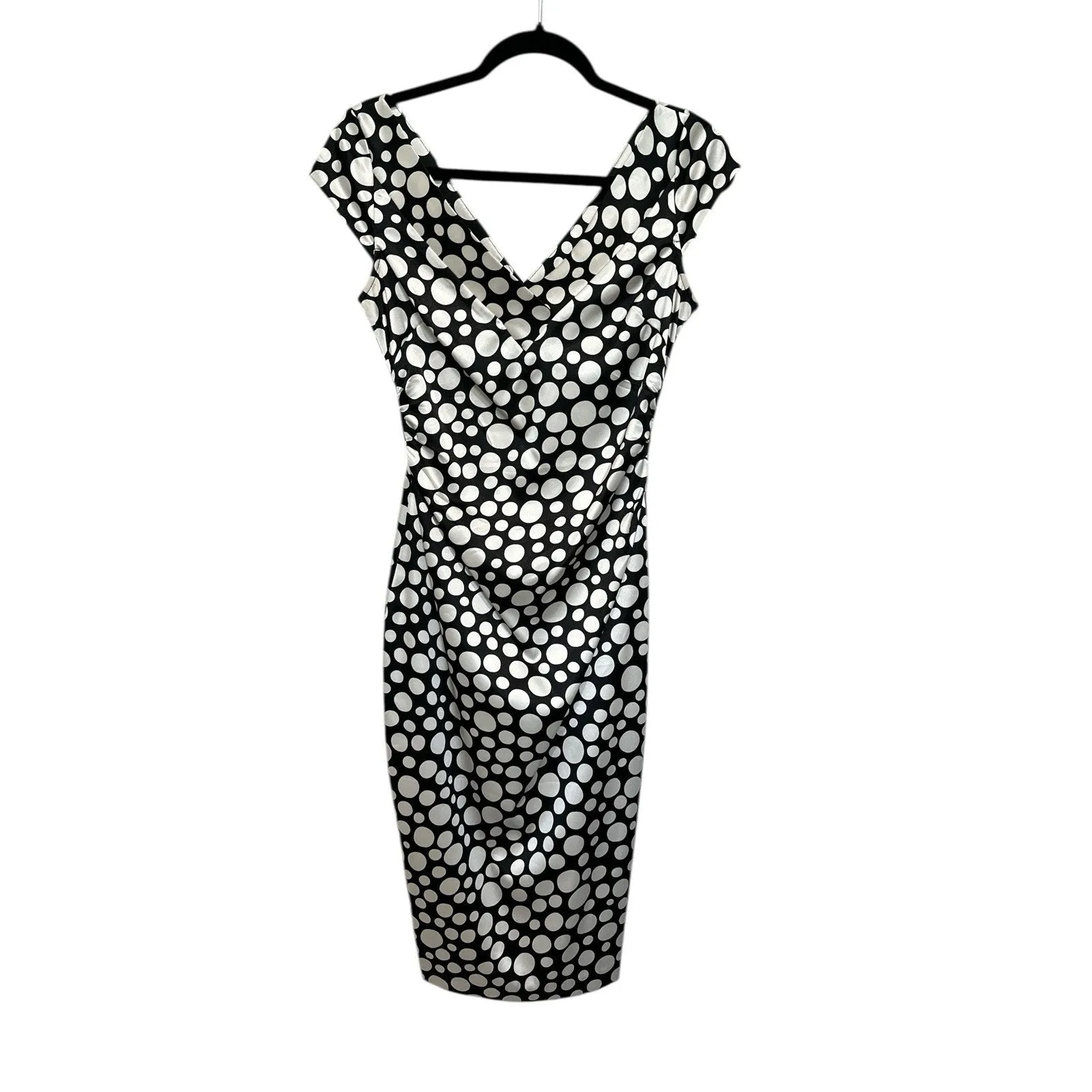 Maggy London Black and White Ruched Wrap MidiDress Size 6 cap sleeves polka dot - Image 7