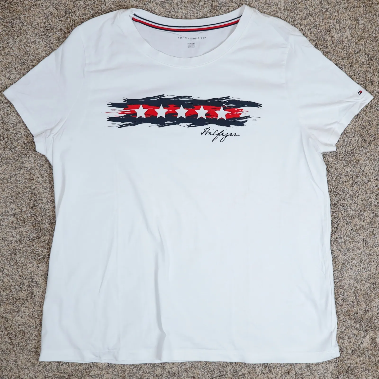 Tommy Hilfiger White Red Blue Star‎ Graphic Tee Crewneck T-Shirt Women's XL USA - Image 4