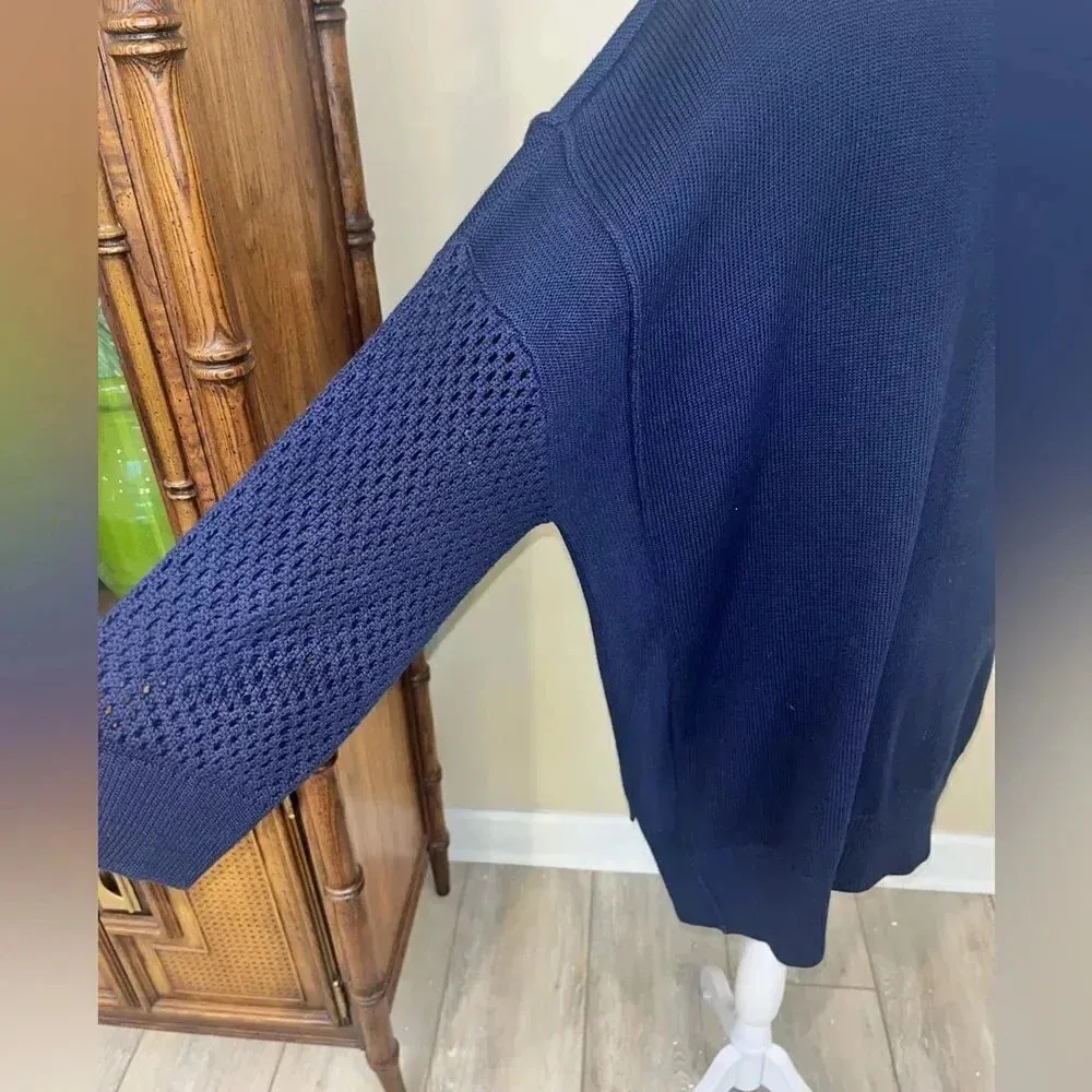 NWOT DKNY Navy 100% Cotton Crochet Sleeve Sweater Sz XL Blue - Image 11