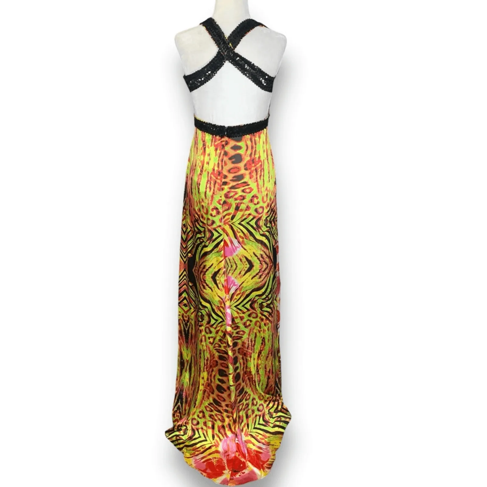 Vintage Zum Zum Niki Livas Halter Maxi Dress Size 6 Abstract Animal Print Yellow - Image 6